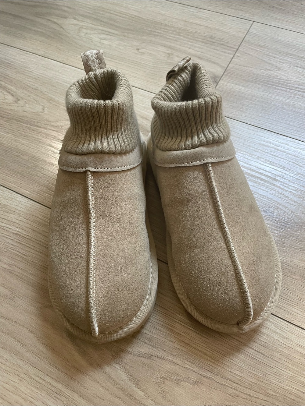 Kids Tan Slip-On Knit Cuff Boots